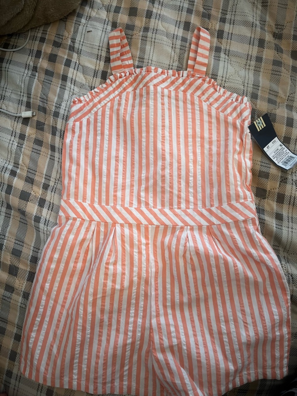 Girls Coral & White Striped Sleeveless Romper